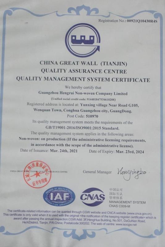 ISO9001 - Guangzhou Hengrui Non-Woven Co., Ltd.