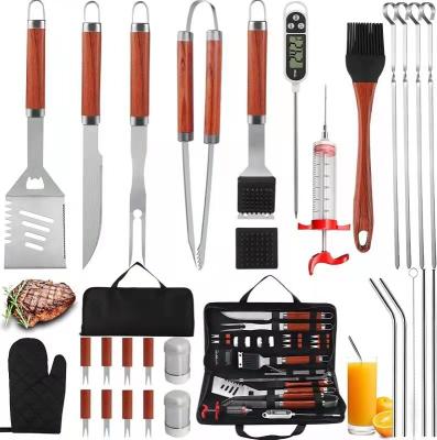 China 30PCS BBQ Grill Accessories Dustproof Tool Kit with Portable Bag for Camping with Thermometer and Meat Injector for sale