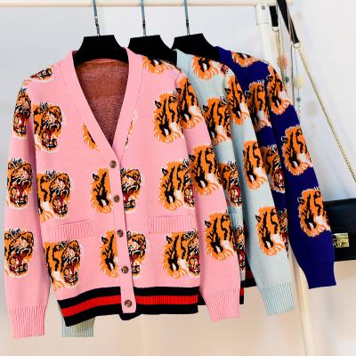 China Custom Logo For Women Chunky Cardigans Tiger Jacquard Cardigan Sweaters Ladies Knitted Plus Size Casual Anti-wrinkle Winter Warm Knitwear for sale