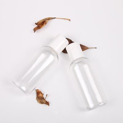 China Cosmetic In Stock 50ml PET Stock Fast Shipping Flat Round Plastic Bottle With White Cap For Personal Care Pack for sale