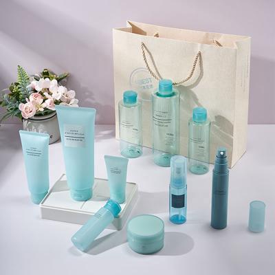 China Wholesale Cosmetic Skin Care Set Packaging OEM Frosted Matte Blue Green Plastic Cosmetic Bottles Tube And Jars for sale