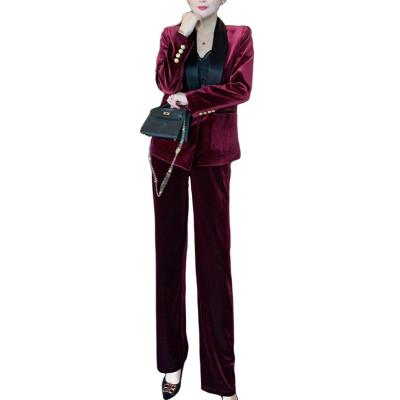 China Slim Fit Buttons Formal Turn-Down Silk Collar Blazer QUICK DRY Women's Work Office Velvet Jacket Pants Suits Set And Trousers Set for sale