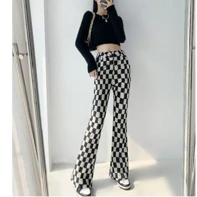 China 2021 Female Womens Cargo Pants Stylish Plaid Pants Casual Oversized Wide Leg Pants Women Plaid Pants Streetwear Anti-Wrinkle Long Black for sale