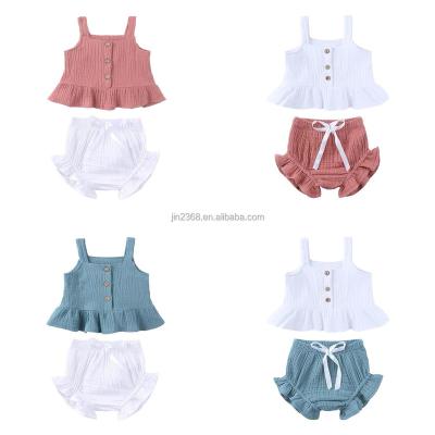 China Anti-Shrink Hot Sale Summer Girls Clothing Set Stripe Ruffle Shoulder Top and Denim Shorts Pants Two Pieces Outfit for sale