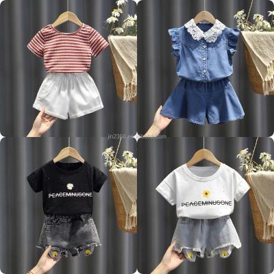 China Anti-Shrink Hot Sale Summer Girls Clothing Set Stripe Ruffle Shoulder Top and Denim Shorts Pants Two Pieces Outfit for sale