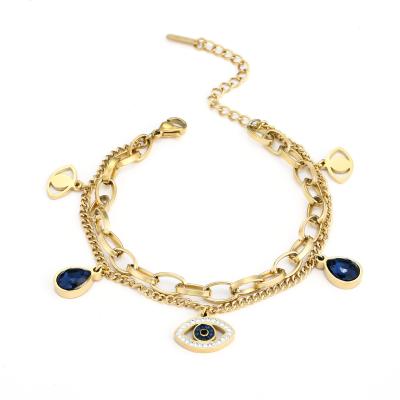 China Fashionable Stainless Steel Devil's Eye Bracelet Multilayer Adjustable Crystal Pendant Bracelet for sale