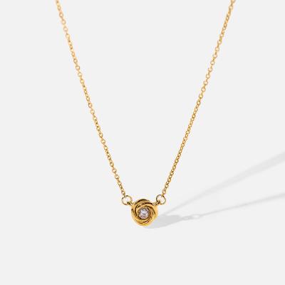 China Hypoallergenic Single Pink Diamond PVD Gold Plated Stainless Steel Flower Shape Crystal Pendant Coated To Tarnish Free Necklace For Girls for sale