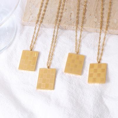 China Gold Plated Female Titanium Necklace Popular Hypoallergenic Square Checkerboard Checkerboard Chain Stainless Steel Pendant For Woman for sale