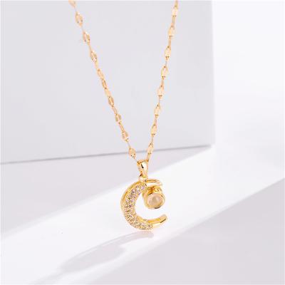 China No Nickel Lead Free 18K Gold Plated Necklace With Tiny Zircon Moon Shaped Pendant Necklace For Ladies for sale