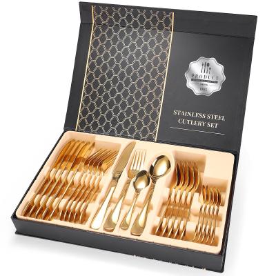 China Amazon Viable 24pcs Gold Plated Flatware With Gift Box Stainless Steel Fork Knife Spoon Cutlery Metal Dinnerware Set for sale