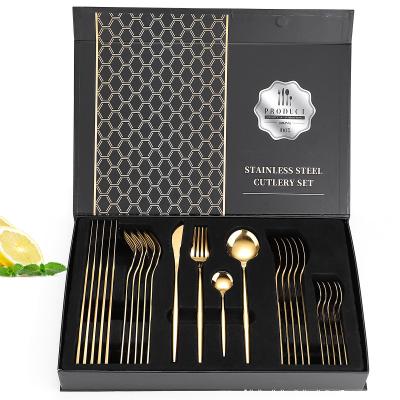 China Viable Hot Selling Amazon Fork Knife And Spoon Set 24 Pcs Stainless Steel Gold Plated Cutlery Flatware Sets, Service For 6 Person for sale