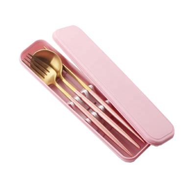 China Metal Gold and Pink Handle Travel Stainless Steel Camping Cutlery Set with Knife Spoon Fork Set in Plastic Box for sale