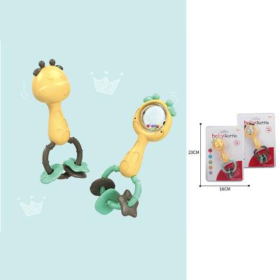 China Soft Toy New Born Cartoon Giraffe Bell Stick Infants Silicone Teether Baby Shake Rattle for sale