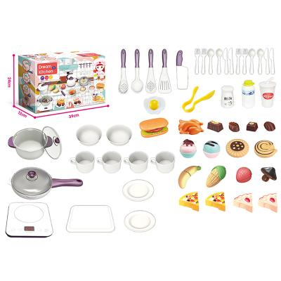 China Plastic 57 PCS Touch Function Kitchen Utensils Cooking Food Set Pretend Kitchen Toy Play Sets For Kids for sale