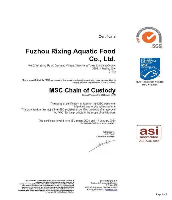 MSC - Fuzhou Rixing Aquatic Food Co., Ltd.