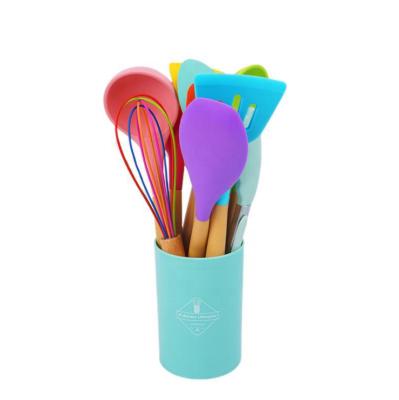 China 12 Pieces Sustainable Cooking Spatulas Silicone Vibrant Colorful Baking Accessories With Plastic Wood Grain Handle for sale