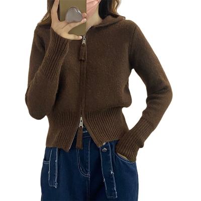 China New Anti-wrinkle women's long-sleeved cardigan knitted coat double zipper slimming women's knitted sweater for sale