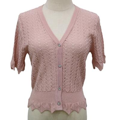 China Anti-Wrinkle Pink Women's Cardigan Women's Knitted Sweater V-Neckline Edge V-Neck Top Wavy Short Sleeve Knitted Sweater for sale