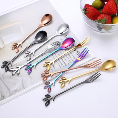 China Hot Selling Viable Leaves Shape Stainless Steel Gold Rose Gold Rainbow Teaspoon Fruit Fork Gift Set for sale