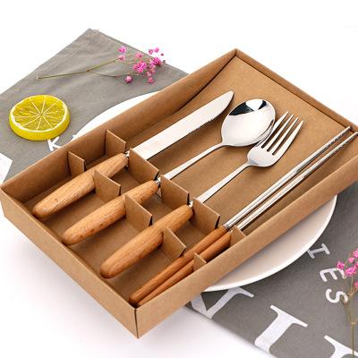 China Durable Wooden Handle Chopsticks Fork And Spoon 3 Pcs Sets Portable Stainless Steel Cutlery Wholesale for sale