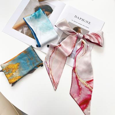 China Vintage Oil Painting Series Tie Dye Bag Scarf Soft Smooth Feeling Silk Neck Scarf Hair Tie Scarves For Women for sale