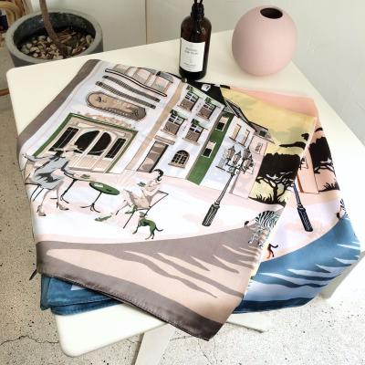 China Soft Smooth Creative Urban Scarf Women Square Hair Scarf Bag Pattern Feeling 70*70cm Square Silk Scarves for sale