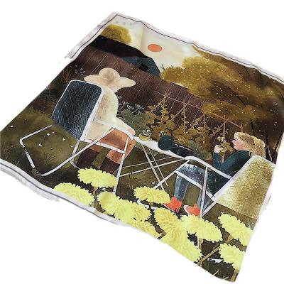 China Vintage Feeling 55*55cm Vintage Oil Painting Pattern Bag Hair Scarf Neck Tie Smooth Scarf Women Square Silk Scarves for sale