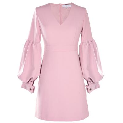 China Anti-Static Sweet Pink Dress For Women Lantern Sleeve V-Neck Mini Dresses High Waist Zipper A Line Dress Dress for sale