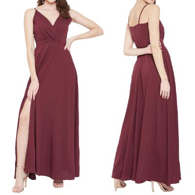 China Burgundy Breathable Spaghetti Strap V-Neck High Slit Draped Floor Length Women Evening Dress 2022 for sale