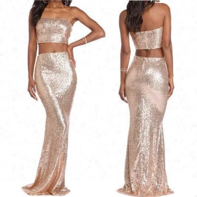 China Anti-Static Chic Gold Sequin Two Piece Evening Dress OEM Dress Two Piece Dress for sale