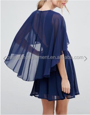 China OEM Service Supply Breathable 2022 Type And Even / Formal Dresses Type Dip Dress Navy Chiffon Elegant Even Cape Back Mini Dress for sale