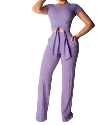 China New Anti-Static Short Sleeve Tie Up Straight Long Pants Set Two Piece Women Clothing for sale