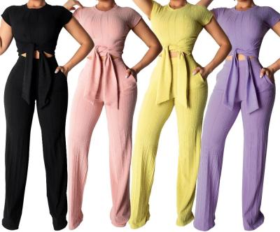 China New Anti-Static Women Short Sleeve Tie Up Straight Long Pants Suits Vintage Two Piece Set Outfits for sale