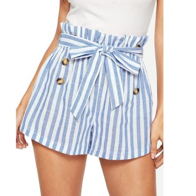 China Anti-Wrinkle High Waist Button Cotton Stripe Paper Bag Women Casual Canvas Shorts 2022 for sale