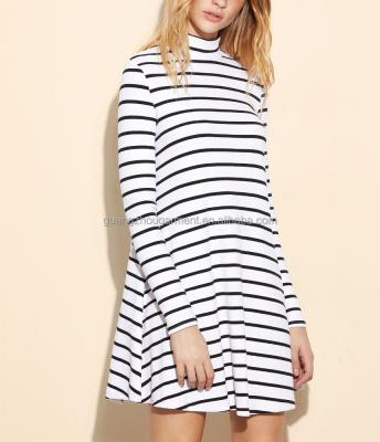 China New Style High Quality Breathable Mini Dress Fashion Women Long European Clothing Sheath White Striped Swing Dress for sale