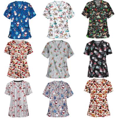 China Anti-wrinkle V-Neck Uniform Christmas Digital Printing Shirts Nursing Printed Short Sleeve Top Scrubs Stock for sale