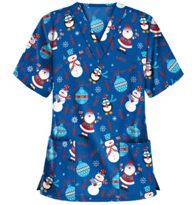 China Anti-wrinkle Christmas Doctor Medical Nursing Scrubs Hospital Uniforms Printed Medical Nurse Scrub Top Christmas for sale