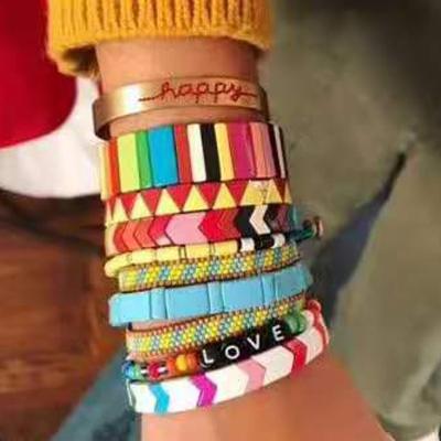 China ALLOY Newest Bohemia Style Rainbow Enamel Colorful Painted Metal Cuff Bracelet Handmade Tile Bangle for sale