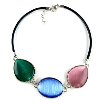 China CLASSIC Three Oval Pendant Necklace for Women Leather Rope Adjustable Colored Stones Choker Necklace Jewelry for sale