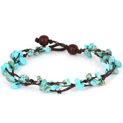 China Handmade BOHEMIA Turquoise Stone Anklet Beautiful Blue Color Pearl Anklet Made From Wax Rope Fashion Jewelry For Women for sale