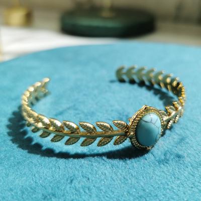 China CLASSIC Stainless Steel Cuff Bangle Jewelry For Women Men Vintage Leaves Decorative Turquoise Open Bangle for sale