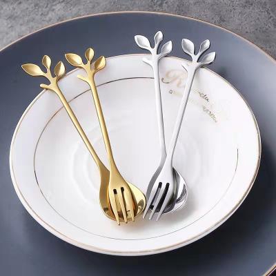 China Creative Reusable Cutlery Reusable Custom Stainless Steel Creative Coffee Stirring Leaf Spoon Fruit Fork Moon Cake Fork Wedding Gift for sale