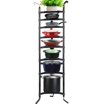 China Vertical Cookware Rack Pot Rack 8 Shelves Storage Kitchen Pot Rack Organizer Cover Lid Storage Black Steel Tp-45 Pot Lid Rack for sale