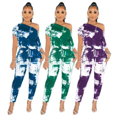 China QUICK DRY fall casual slim two piece sets cut neck fashion print sets fall 2021 women clothes for sale