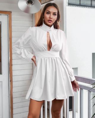 China Autumn Chest Hollow Out Skirt Solid Color Collar Dress Viable Casual High Sleeve Pleated Dress Long for sale