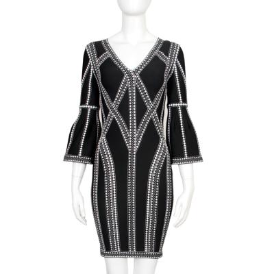 China 2021 New Anti-wrinkle women's black v neck long sleeve striped women's kni party dress bandage dress for sale