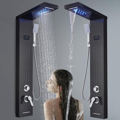 China Without Slide Bar LED Light Waterfall Shower Faucet Massage Jet Black Bathroom Shower Column System Rainfall Shower Panel for sale