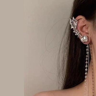 China Exaggerate the future girl's future neck earrings gemstone chain earrings INS flower bone ear bone clip long tassel hot sweet cool female chain earrings ear for sale