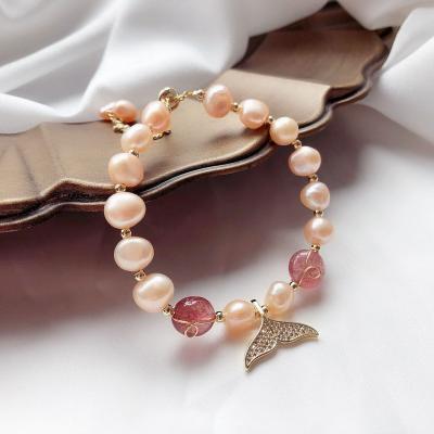 China Handmade Crystal Baroque Jewelry Freshwater Pearls Fashionable Korean Charm Adjustable Bracelet Fishtail Gold Bracelet for sale