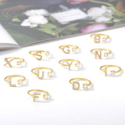 China TRENDY Hot Sale Gold Plated Copper Zirconia 26 Letters Ring A To Z Alphabet Adjustable Initial Ring Jewelry for sale